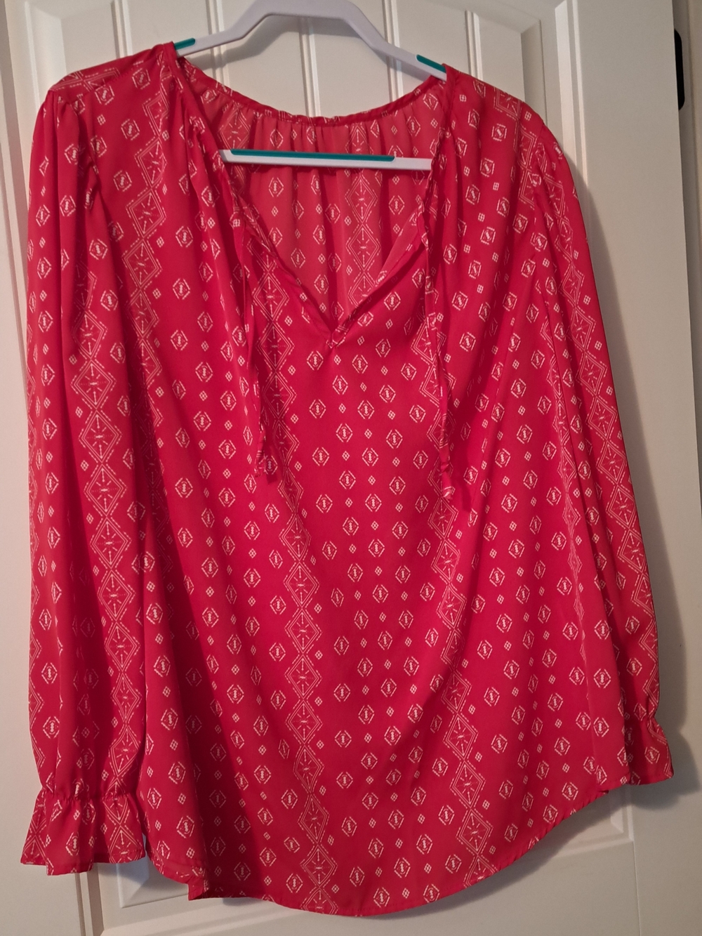 Women's Red And White Printed Peasant Blouse with Tie Neck
